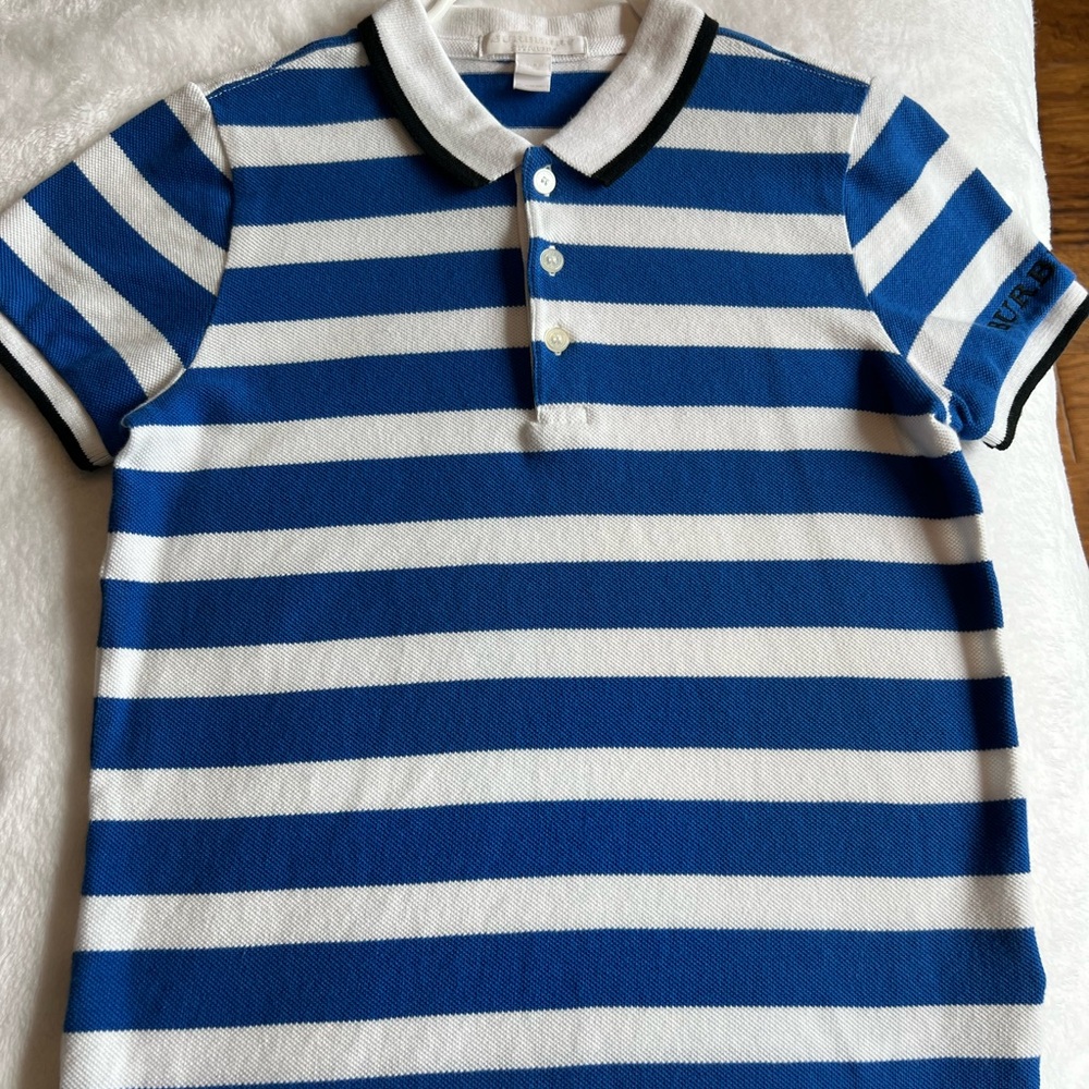 Burberry Blue and White Striped Polo Shirt